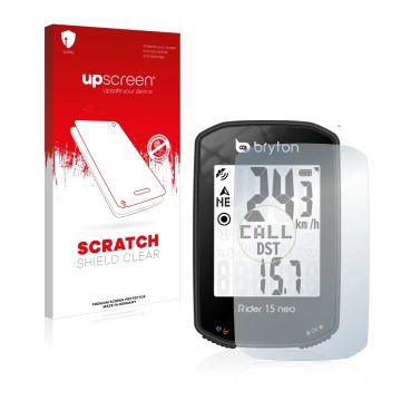 Vorderseite einer Produktverpackung mit dem Markenlogo upscreen. Daneben ist das Gerät Bryton Rider 15 neo mit dem zugehörigen