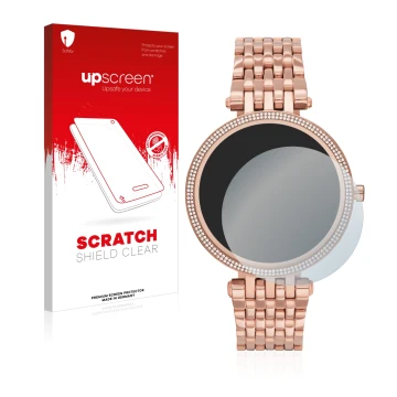 Vorderseite einer Produktverpackung mit dem Markenlogo upscreen. Daneben ist das Gerät Michael Kors Access Darci Gen 5E mit de