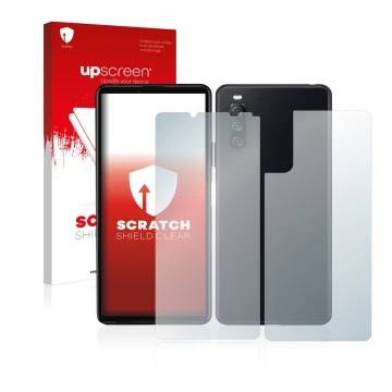 Vorderseite einer Produktverpackung mit dem Markenlogo upscreen. Daneben ist das Gerät Sony Xperia 10 III (Display+Rückseite) 