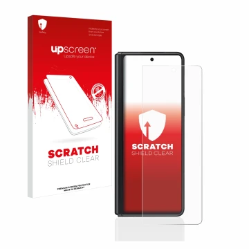 Vorderseite einer Produktverpackung mit dem Markenlogo upscreen. Daneben ist das Gerät Samsung Galaxy Z Fold 3 5G mit dem zuge