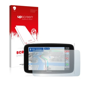 Vorderseite einer Produktverpackung mit dem Markenlogo upscreen. Daneben ist das Gerät TomTom GO Discover 6