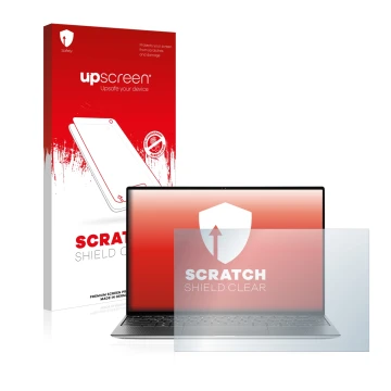 Vorderseite einer Produktverpackung mit dem Markenlogo upscreen. Daneben ist das Gerät Dell XPS 13 9310 Non-touch mit dem zuge