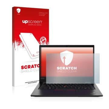 Vorderseite einer Produktverpackung mit dem Markenlogo upscreen. Daneben ist das Gerät Lenovo ThinkPad L13 Gen 2 mit dem zugeh