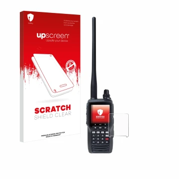Vorderseite einer Produktverpackung mit dem Markenlogo upscreen. Daneben ist das Gerät Yaesu FTA-550 mit dem zugehörigen Displ