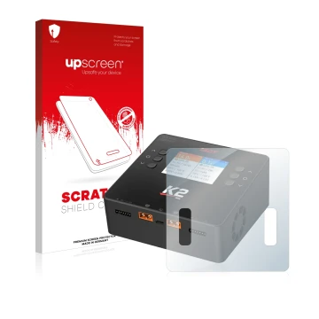 Vorderseite einer Produktverpackung mit dem Markenlogo upscreen. Daneben ist das Gerät ISDT Smart Duo Charger K2 mit dem zugeh