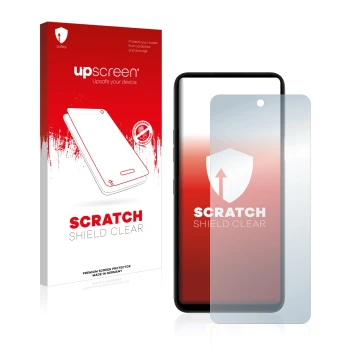Vorderseite einer Produktverpackung mit dem Markenlogo upscreen. Daneben ist das Gerät LG K42 mit dem zugehörigen Displayschut