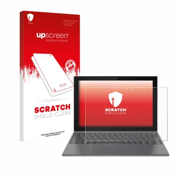 Vorderseite einer Produktverpackung mit dem Markenlogo upscreen. Daneben ist das Gerät Lenovo IdeaPad Duet 3 10IGL5-LTE mit de