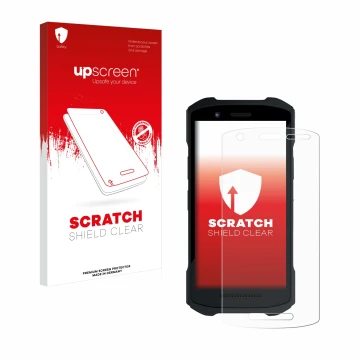 Vorderseite einer Produktverpackung mit dem Markenlogo upscreen. Daneben ist das Gerät Zebra TC26 mit dem zugehörigen Displays