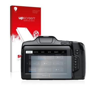 Vorderseite einer Produktverpackung mit dem Markenlogo upscreen. Daneben ist das Gerät Blackmagic Pocket Cinema Camera 6K Pro 