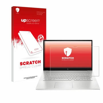 Vorderseite einer Produktverpackung mit dem Markenlogo upscreen. Daneben ist das Gerät HP Envy 17-cX mit dem zugehörigen Displ