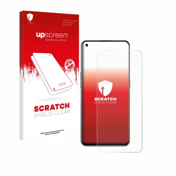 Vorderseite einer Produktverpackung mit dem Markenlogo upscreen. Daneben ist das Gerät realme GT 5G mit dem zugehörigen Displa