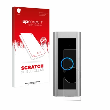 Vorderseite einer Produktverpackung mit dem Markenlogo upscreen. Daneben ist das Gerät Ring Video Doorbell Pro 2 mit dem zugeh