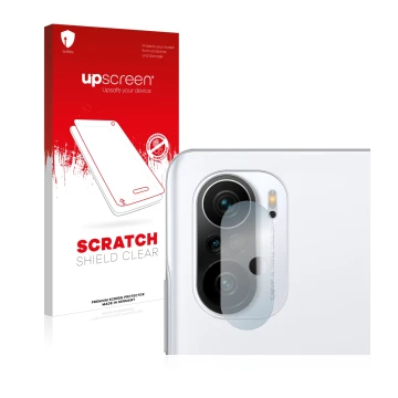 Vorderseite einer Produktverpackung mit dem Markenlogo upscreen. Daneben ist das Gerät Xiaomi Poco F3 (NUR Kameraschutz) mit d