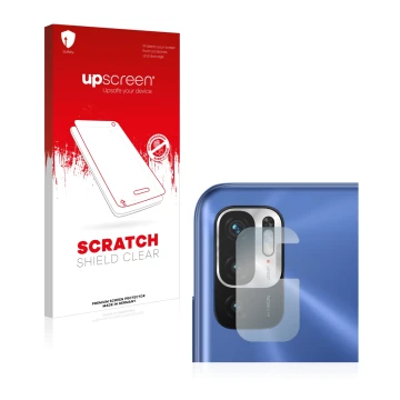 Vorderseite einer Produktverpackung mit dem Markenlogo upscreen. Daneben ist das Gerät Xiaomi Redmi Note 10 5G (NUR Kameraschu