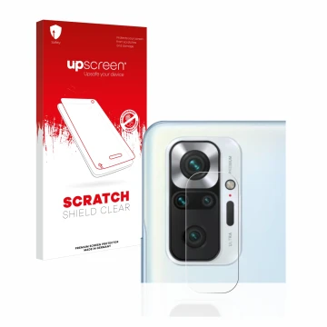 Vorderseite einer Produktverpackung mit dem Markenlogo upscreen. Daneben ist das Gerät Xiaomi Redmi Note 10 Pro (NUR Kamerasch