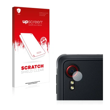 Vorderseite einer Produktverpackung mit dem Markenlogo upscreen. Daneben ist das Gerät Samsung Galaxy XCover 5 (NUR Kameraschu