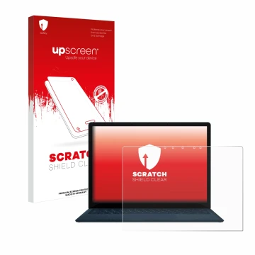 Vorderseite einer Produktverpackung mit dem Markenlogo upscreen. Daneben ist das Gerät Microsoft Surface Laptop 4 13.5