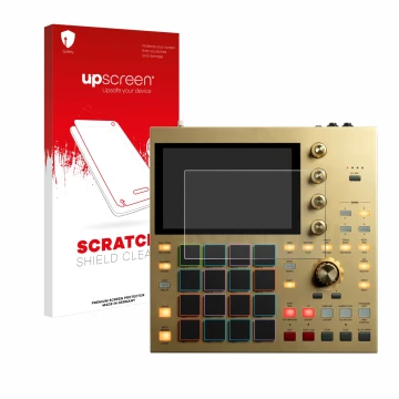Vorderseite einer Produktverpackung mit dem Markenlogo upscreen. Daneben ist das Gerät Akai MPC One mit dem zugehörigen Displa