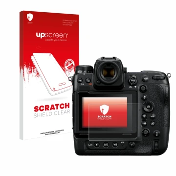 Vorderseite einer Produktverpackung mit dem Markenlogo upscreen. Daneben ist das Gerät Nikon Z 9 mit dem zugehörigen Displaysc