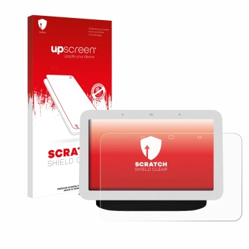 Vorderseite einer Produktverpackung mit dem Markenlogo upscreen. Daneben ist das Gerät Google Nest Hub 2 mit dem zugehörigen D