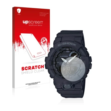 Vorderseite einer Produktverpackung mit dem Markenlogo upscreen. Daneben ist das Gerät Casio G-Shock GBA800 mit dem zugehörige