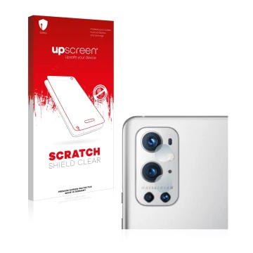 Vorderseite einer Produktverpackung mit dem Markenlogo upscreen. Daneben ist das Gerät OnePlus 9 Pro (NUR Kameraschutz) mit de