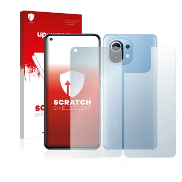 Vorderseite einer Produktverpackung mit dem Markenlogo upscreen. Daneben ist das Gerät Xiaomi Mi 11 Lite 5G (Display+Rückseite