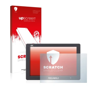 Vorderseite einer Produktverpackung mit dem Markenlogo upscreen. Daneben ist das Gerät Feelworld FW279 7