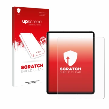 Vorderseite einer Produktverpackung mit dem Markenlogo upscreen. Daneben ist das Gerät Apple iPad Pro 12.9