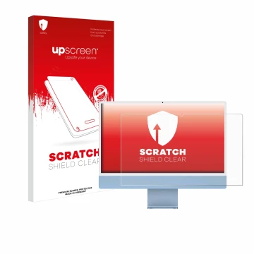 Vorderseite einer Produktverpackung mit dem Markenlogo upscreen. Daneben ist das Gerät Apple iMac 24