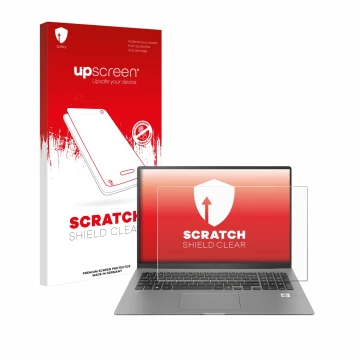Vorderseite einer Produktverpackung mit dem Markenlogo upscreen. Daneben ist das Gerät LG gram 17'' 2021 mit dem zugehörigen D
