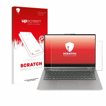 Vorderseite einer Produktverpackung mit dem Markenlogo upscreen. Daneben ist das Gerät Lenovo ThinkBook 14s Yoga mit dem zugeh