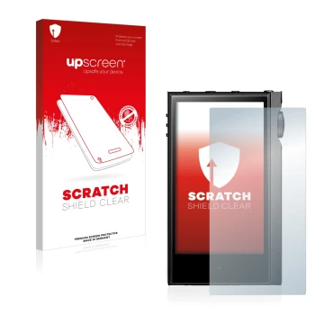 Vorderseite einer Produktverpackung mit dem Markenlogo upscreen. Daneben ist das Gerät Astell&Kern Kann Alpha mit dem zugehöri