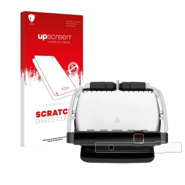 Vorderseite einer Produktverpackung mit dem Markenlogo upscreen. Daneben ist das Gerät Tefal OptiGrill Elite mit dem zugehörig