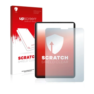 Vorderseite einer Produktverpackung mit dem Markenlogo upscreen. Daneben ist das Gerät Apple iPad Pro 11