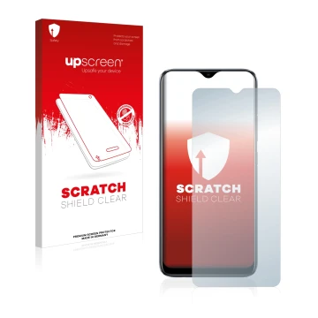 Vorderseite einer Produktverpackung mit dem Markenlogo upscreen. Daneben ist das Gerät realme C11 2021 mit dem zugehörigen Dis
