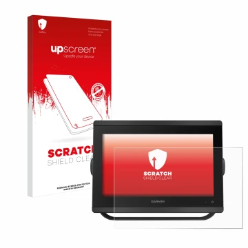 Vorderseite einer Produktverpackung mit dem Markenlogo upscreen. Daneben ist das Gerät Garmin GPSMAP 8412 xsv mit dem zugehöri