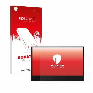 Vorderseite einer Produktverpackung mit dem Markenlogo upscreen. Daneben ist das Gerät Lenovo ThinkVision M14t mit dem zugehör