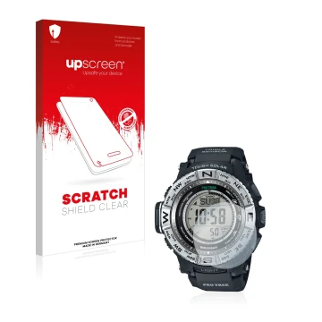 Vorderseite einer Produktverpackung mit dem Markenlogo upscreen. Daneben ist das Gerät Casio Pro Trek PRW-3500-1 mit dem zugeh