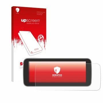 Vorderseite einer Produktverpackung mit dem Markenlogo upscreen. Daneben ist das Gerät Fiat 500 E Uconnect 5 10