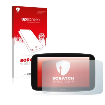 Vorderseite einer Produktverpackung mit dem Markenlogo upscreen. Daneben ist das Gerät TomTom Go Expert 6