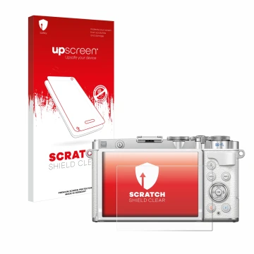 Vorderseite einer Produktverpackung mit dem Markenlogo upscreen. Daneben ist das Gerät Olympus PEN E-P7 mit dem zugehörigen Di