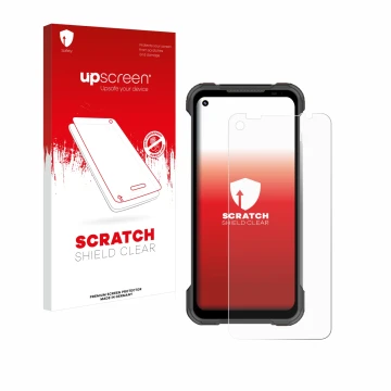 Vorderseite einer Produktverpackung mit dem Markenlogo upscreen. Daneben ist das Gerät Doogee S97 Pro mit dem zugehörigen Disp