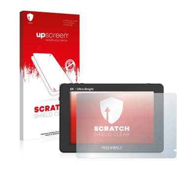 Vorderseite einer Produktverpackung mit dem Markenlogo upscreen. Daneben ist das Gerät Feelworld LUT7 7
