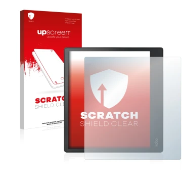 Vorderseite einer Produktverpackung mit dem Markenlogo upscreen. Daneben ist das Gerät Kobo Elipsa mit dem zugehörigen Display