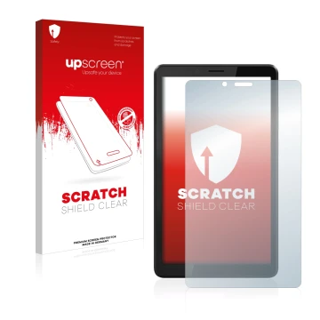 Vorderseite einer Produktverpackung mit dem Markenlogo upscreen. Daneben ist das Gerät Lenovo Tab M7 (3. Gen.) mit dem zugehör