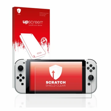 Vorderseite einer Produktverpackung mit dem Markenlogo upscreen. Daneben ist das Gerät Nintendo Switch OLED-Modell mit dem zug