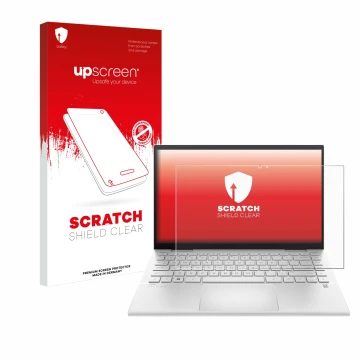 Vorderseite einer Produktverpackung mit dem Markenlogo upscreen. Daneben ist das Gerät HP Pavilion x360 (14-dyX) mit dem zugeh