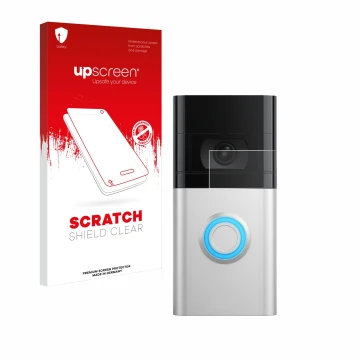 Vorderseite einer Produktverpackung mit dem Markenlogo upscreen. Daneben ist das Gerät Ring Video Doorbell 4 mit dem zugehörig