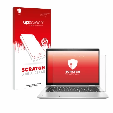 Vorderseite einer Produktverpackung mit dem Markenlogo upscreen. Daneben ist das Gerät HP ProBook x360 435 G8 mit dem zugehöri